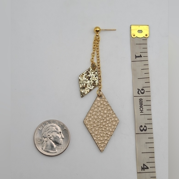 VEGAN Leather Dangle Post Earrings In Gold And Metallic Cream - Picture 7 of 10
